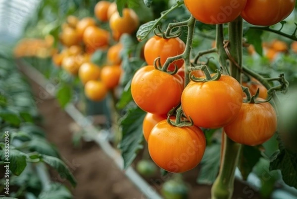 Obraz Luscious tomatoes sway on vines in the greenhouse
