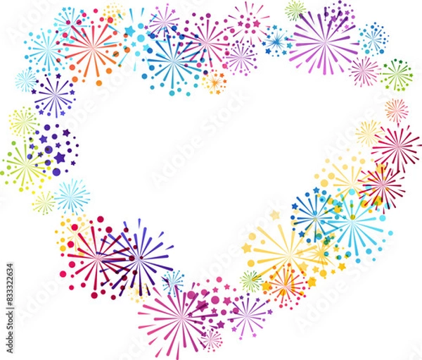 Fototapeta Fireworks heart shape frame. Design element from explosion flashes. Decoration for festival, holiday and events.