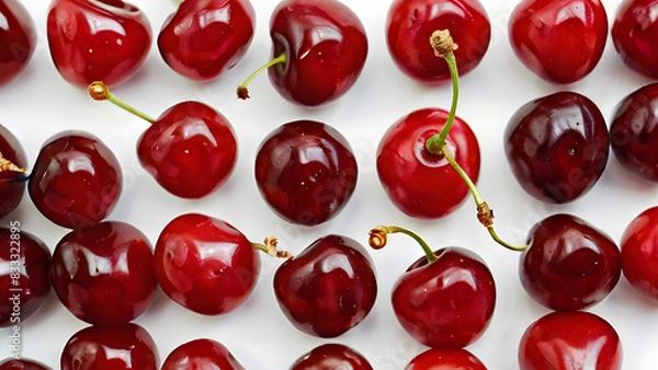 Fototapeta Sweet cherries neatly nested on a white background stock of fresh fruit