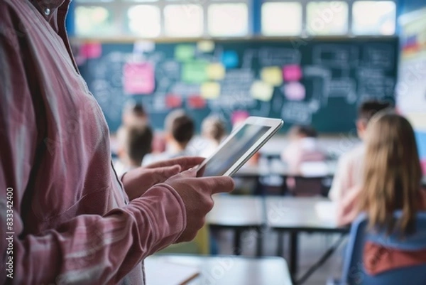 Fototapeta A teacher using a digital tablet to record student attendance in class
