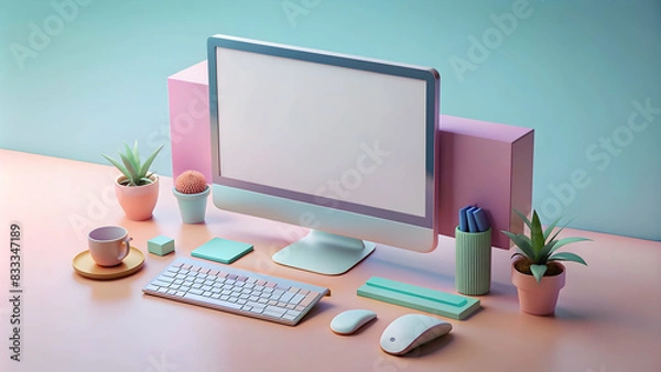 Fototapeta 3d render of Mock up blank screen computer isolated on pastel background 