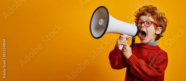Fototapeta Little ginger schoolkid holding in megaphone on yellow background