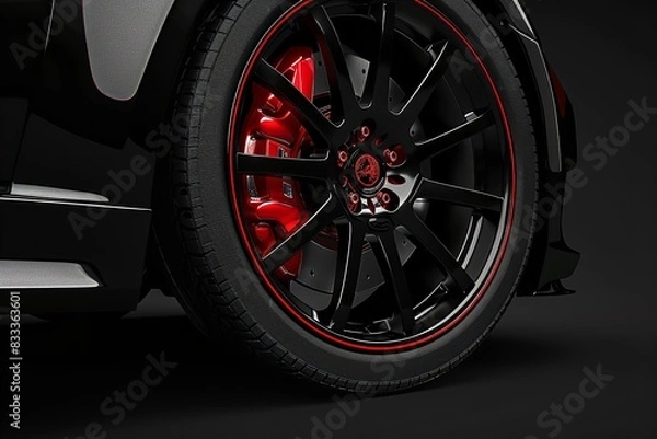 Fototapeta On a dark backdrop, a car wheel with red brakes. Generative Ai