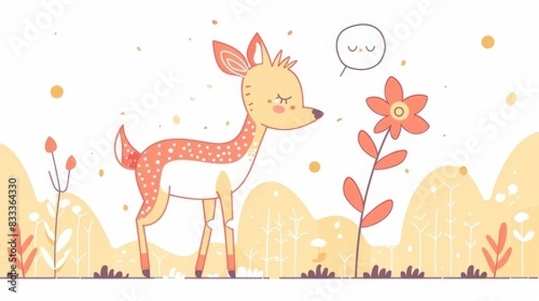 Fototapeta Simple flat color line style of whimsical gazelle with a friendly and gentle demeanor, making joyful faces and holding a flower, in the style of a storybook character