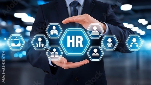 Fototapeta HR, Human Resources management concept.Businessman hold virtual human resources icon for recruitment process to work efficiently and achieve sustainable business success. team building.