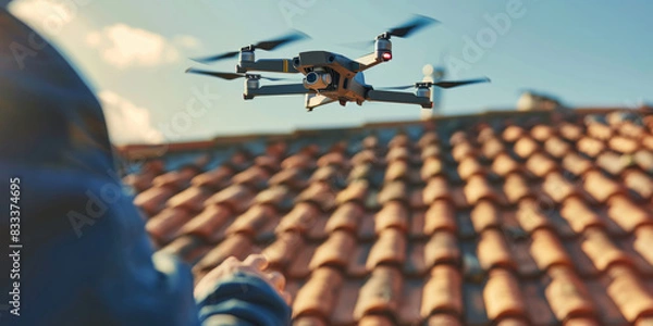 Obraz A close-up of a person using a drone to inspect a rooftop for maintenance or repairs.