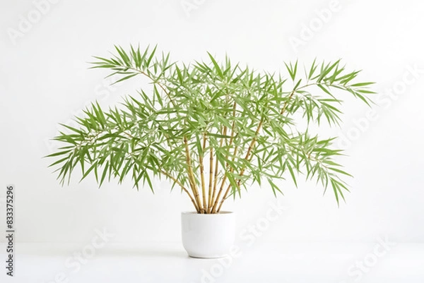 Fototapeta Green Bamboo Plant in a White Pot on a White Background