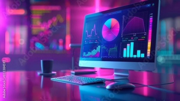 Obraz Visualization Tools An icon of a computer screen displaying a bar chart or pie chart, representing data visualization tools
