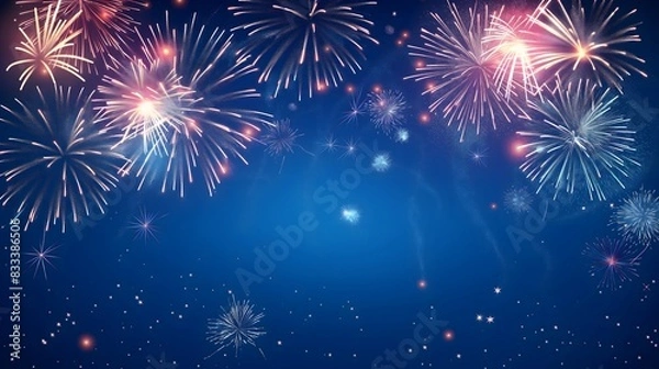 Fototapeta 1. An elegant Happy New Year poster for 2025 featuring sparkling fireworks against a midnight blue sky, with space for customizable event details