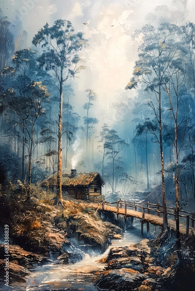 Fototapeta Rustic Bridge over a Stream.  Generated Image.  A digital illustration of a painting of a rustic bridge and house in the wilderness.