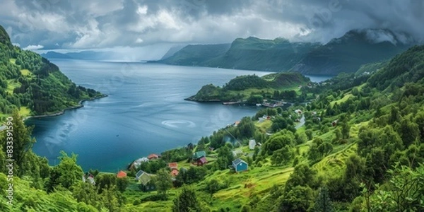 Fototapeta View of the lake waters with beautiful hill cliffs, landscape background river backgorund.