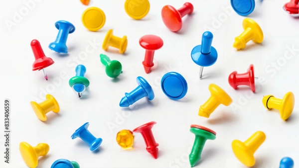 Fototapeta Set of various colorful push pins isolated on white background, top view