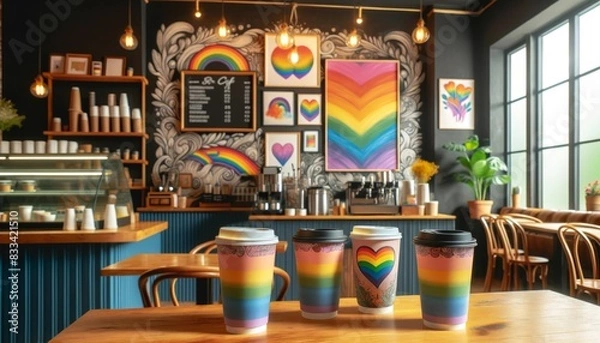 Fototapeta A coffee shop interior featuring rainbow-colored coffee cups