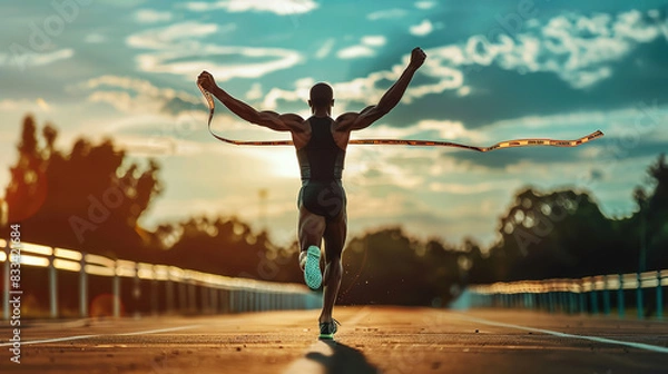Obraz An athlete crossing the finish line with his arms raised