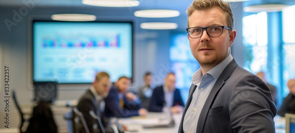 Obraz Confident businessman looking at the camera during a corporate meeting in a modern office with colleagues discussing data on a screen, perfect for business and teamwork concepts.