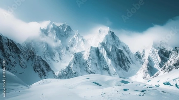 Fototapeta snow-capped mountain peaks touch the sky as rugged terrain stretches far and wide, with crevices and ice walls awaiting brave climbers.