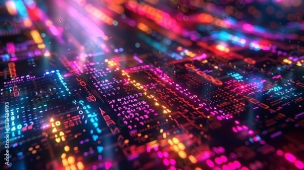 Fototapeta Close-up of a vibrant, illuminated circuit board. Colorful electronic components representing technology and digital innovation.