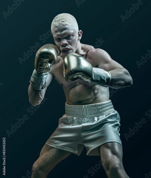 Fototapeta Albinos boxer. Close-up portrait of a professional albinos boxer. Professional boxing. Boxer ready to punch. Cinematic boxing. Boxer in action. Fitness and boxing concept. 