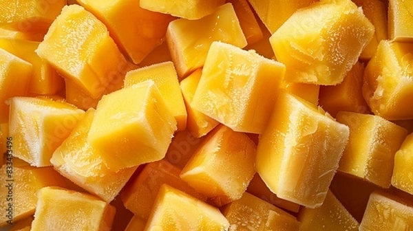 Fototapeta Frozen Diced Mango Pieces in Close-Up, Capturing Their Frosty Texture and Bright Orange Hue