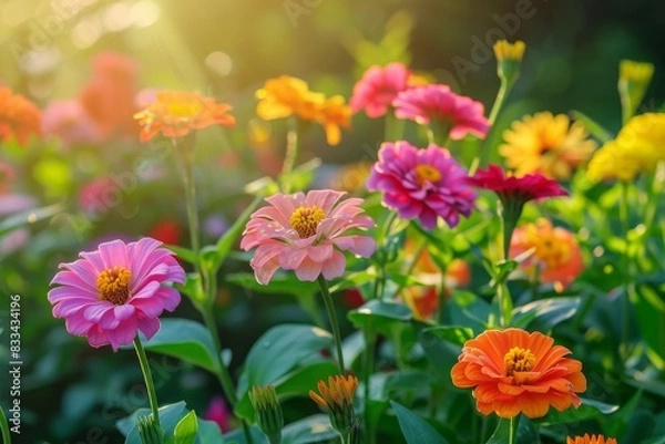 Fototapeta colourful Zi­nnias flowers in a garden in sunlight on nature outdoors