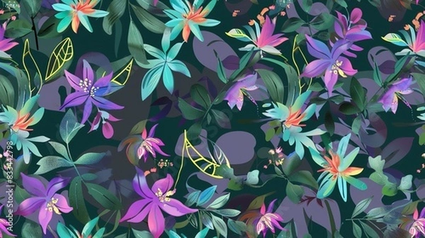 Fototapeta Mythical florals flat design top view mythical theme water color Triadic Color Scheme. Seamless Pattern, Fabric Pattern.