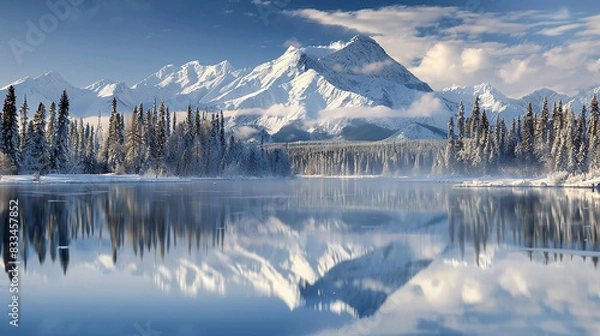 Obraz Calm and cool lake with reflection of mountains and temperate taiga forest, AI generative