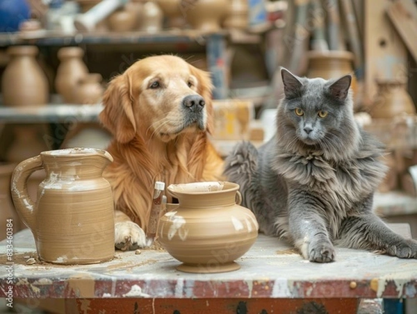 Fototapeta At a busy pottery studio a Golden retriever and blue Maine Coon try their paws at spinning clay