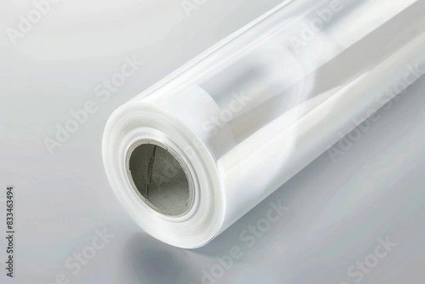 Fototapeta Rolled Transparent Plastic Film on White Background. Generative ai.