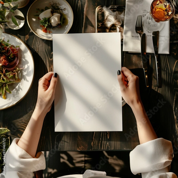 Fototapeta POV view, front views, blank menu, restaurant menu in the woman hands, mockup view 