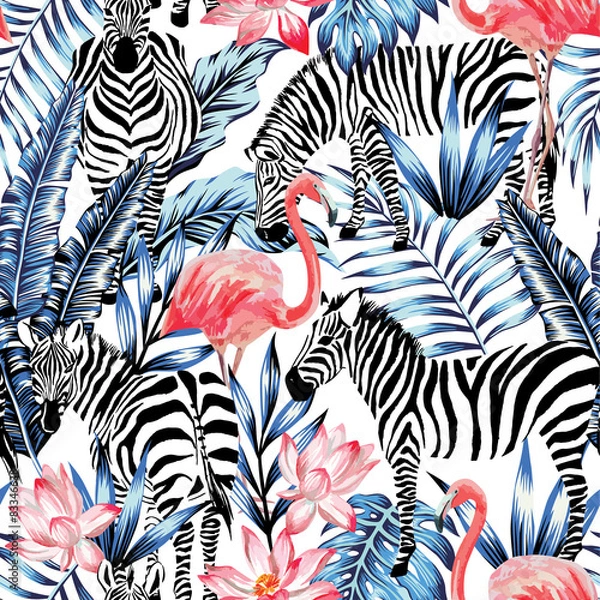 Obraz akwarela flaming, zebra i liście palmowe tropikalny wzór