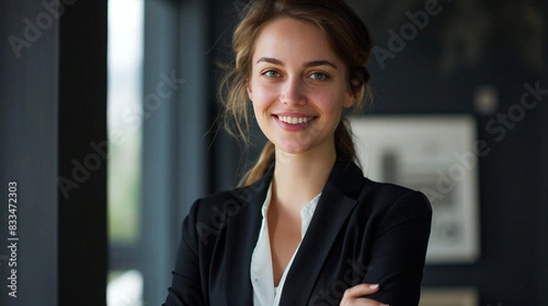 Fototapeta Portrait Of A Smiling Businesswoman For Networking And Career Success, Suitable For Corporate Websites Or Professional Profiles