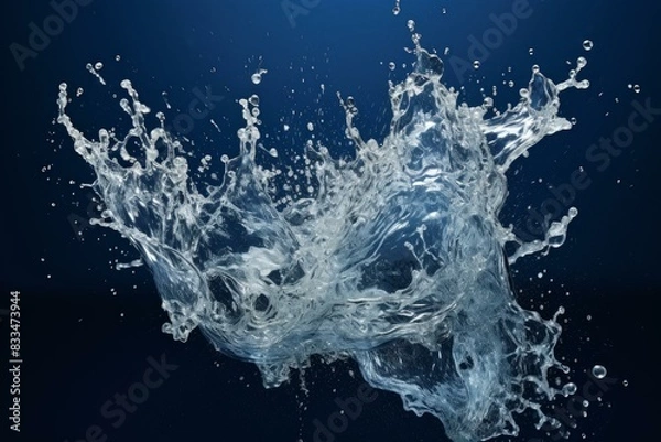 Fototapeta High-speed capture of a clear water splash with droplets suspended in air on a deep blue backdrop