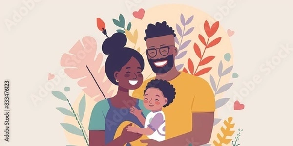 Fototapeta Happy family. Parents with a child. Vector illustration in cartoon flat style.