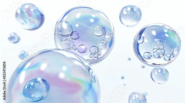 Fototapeta Floating iridescent bubbles against a white background, creating a dreamy, whimsical atmosphere perfect for various creative projects.