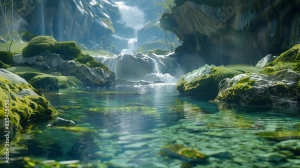 Fototapeta A super realistic image of a tranquil mountain stream with clear water and moss-covered rocks,