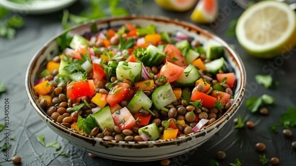 Obraz Lentils tomatoes cucumbers onions peppers parsley lemon wedges olive oil arranged in bowl to make greek lentil salad, lunch kitchen healthy