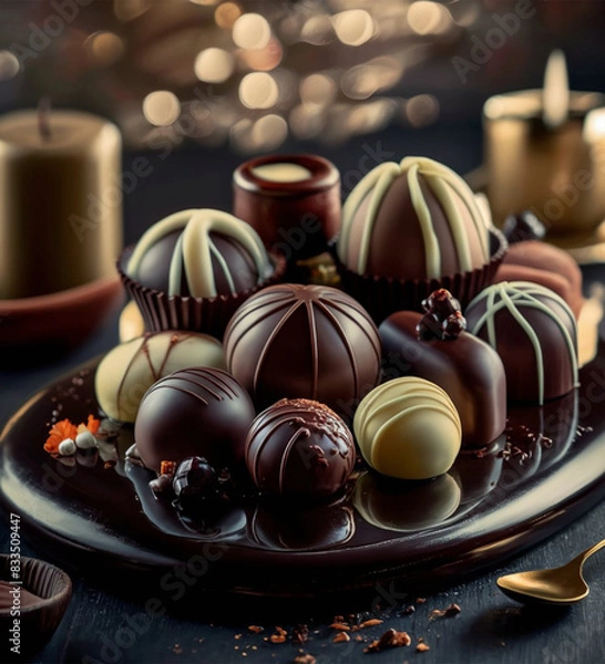 Fototapeta a tray of chocolates with a gold spoon on it