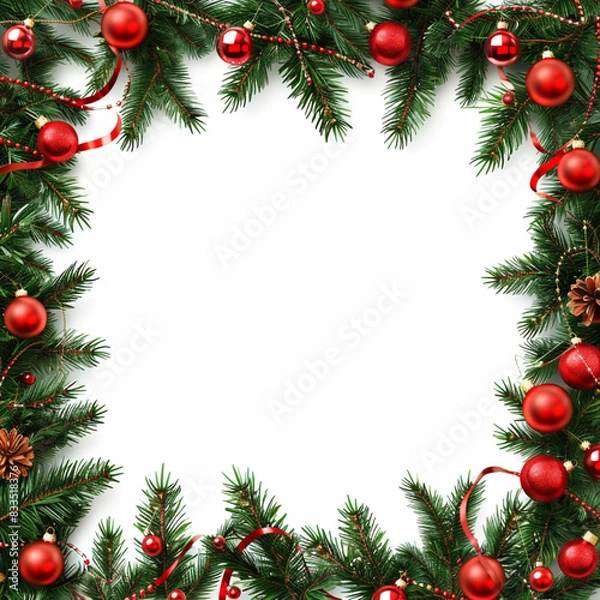 Fototapeta Christmas frame with fir branches and balls