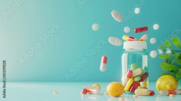 Fototapeta A colorful assortment of pills and fruit are scattered across a white background