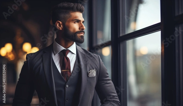 Fototapeta Stylish handsome successful man wearing business suit posing indoors looking out the window