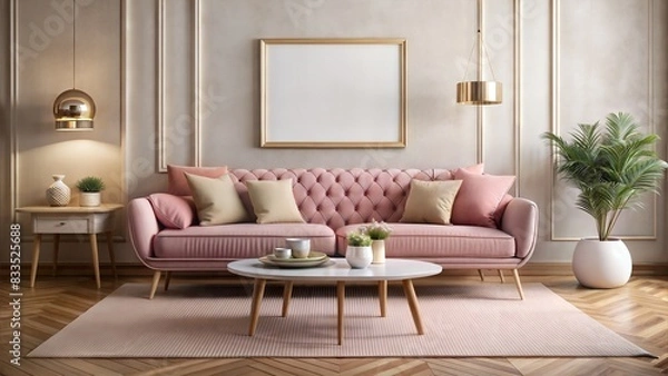 Fototapeta pink sofa, retro wooden table, mock up poster frame, decoration , carpet and personal accessories in elegant home decor