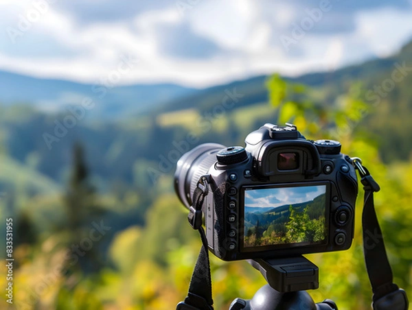 Fototapeta In this image, a digital camera is set up to capture a beautiful scenic landscape.