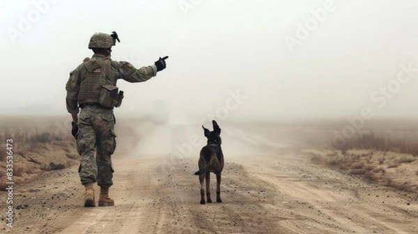 Fototapeta Sentinels Companion: A Soldier and Their Canine Companion on a Desert Road
