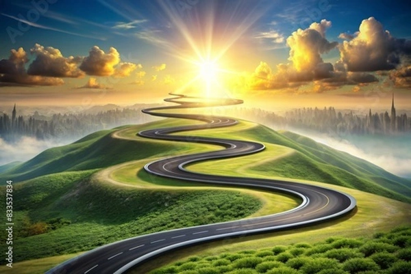 Obraz A visual representation of a winding road or path with various milestones and obstacles along the way, symbolizing the journey through life, with ups and downs, challenges, and achievements.