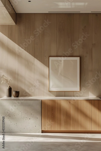 Fototapeta Minimal modern interior, minimalist interior living room using wood and cement materials, clean wall with living room cabinet and picture frame, clean shadow created by natural light
