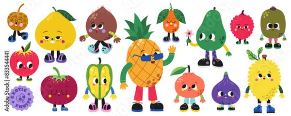 Obraz Cute cartoon exotic and tropical fruits illustrations vector set. Part three.