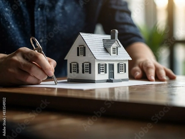 Fototapeta Man's hand holds ket to the new house on the table | real state