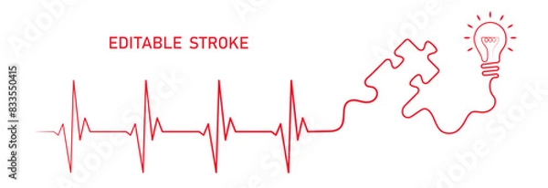 Fototapeta Editable lines heart rhythm illustration with puzzle piece, lightbulb vector design to use for healthcare, business idea, healthy lifestyle, brainstorm concept illustration projects. 