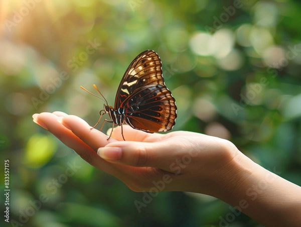 Fototapeta Environment concept, beautiful butterfly on woman's hand, ecosystem