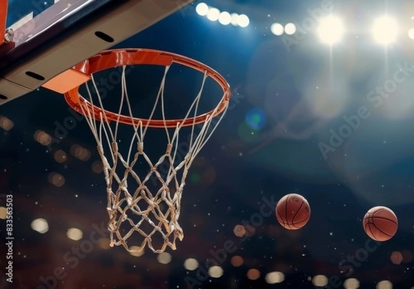 Fototapeta Making a basket in basketball as the ball goes through the hoop and swishes through the net.